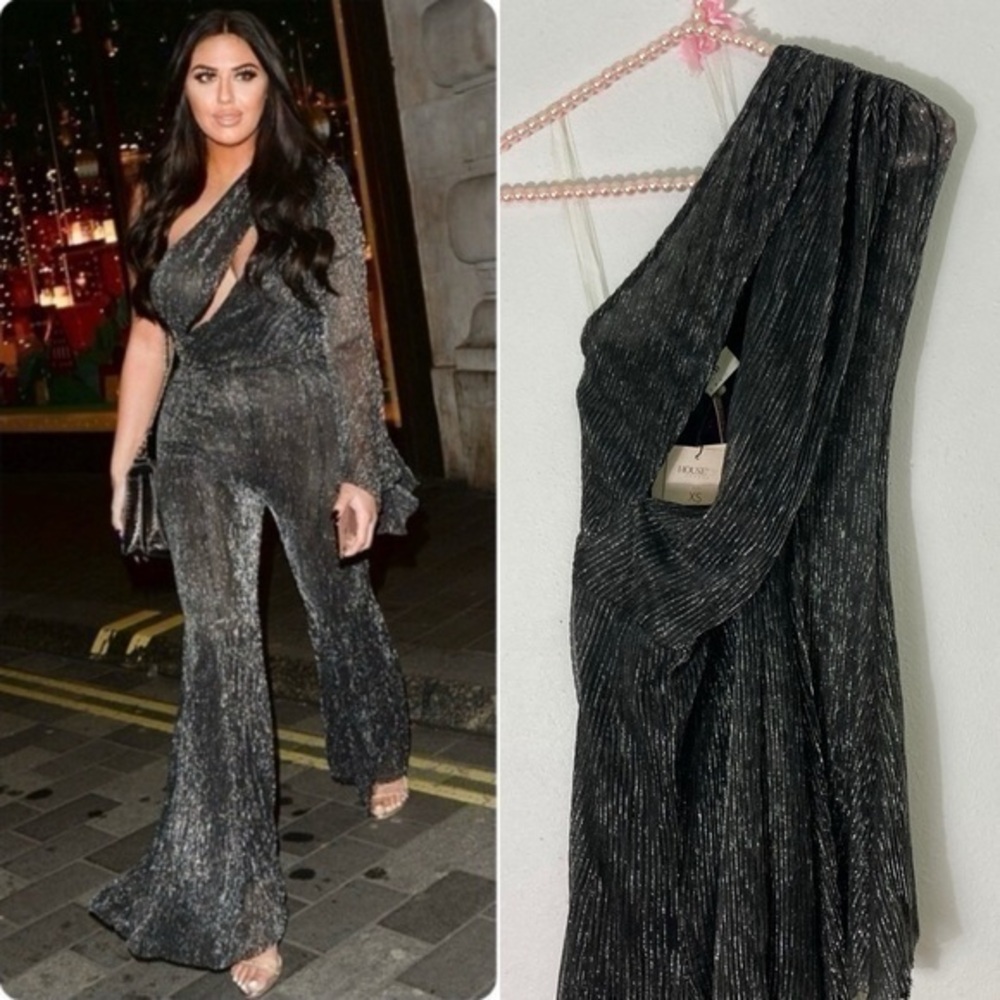 House of CB NWT Yerina silver and black striped  jumpsuit size XS
